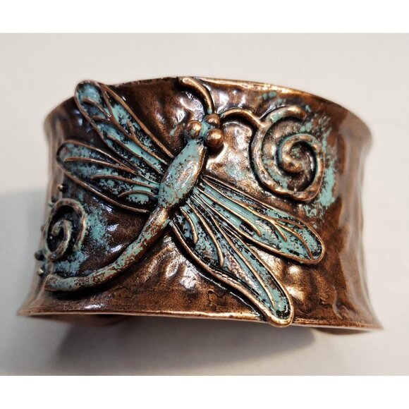 Copper Dragonfly Cuff Bracelet With Turquoise Patina Boho Artsy Festival - Picture 1 of 5